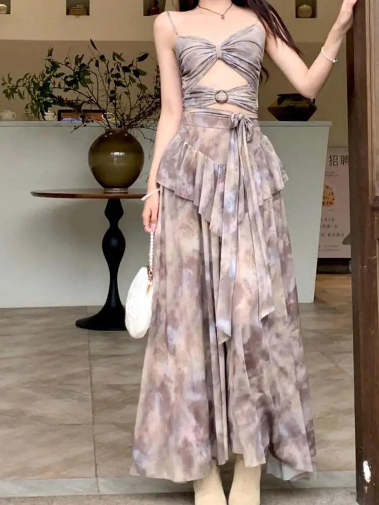 

Summer Women Gray Print Hollow Out Short Slip Tops And High Waist Bandage Pleated Wide Leg Long Trouser 2025 Boho Two-piece Sets