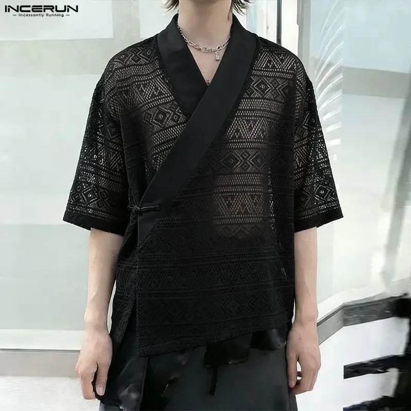 

Men's Shirt Lace Solid Color See Through One Button Sexy Men Clothes 2026 Streetwear Stylish Casual Camisas Short Sleeve Tops