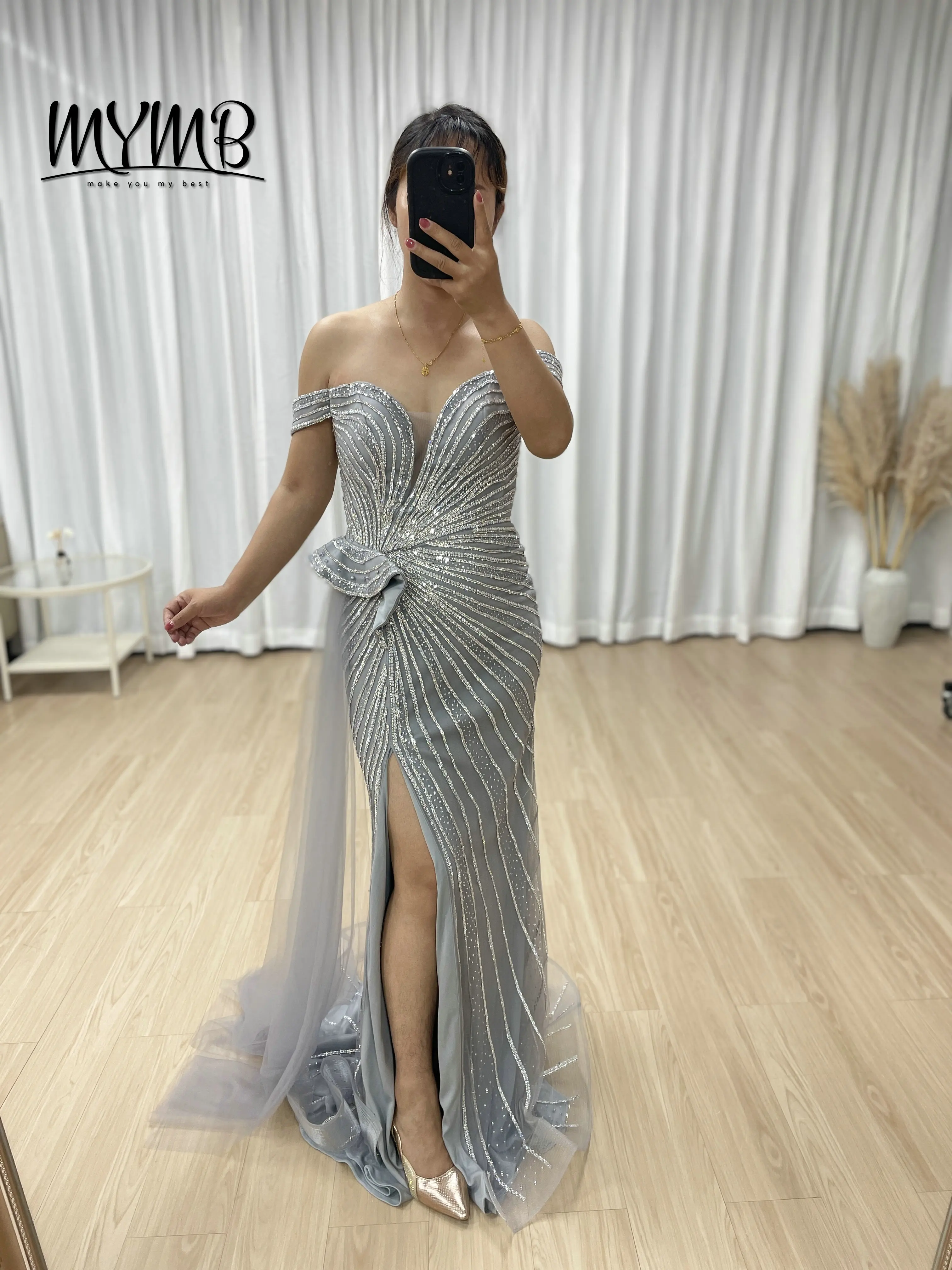MYMB Stunning Luxury Gorgeous Sexy High Slit Embellished With Sparkly Beaded Embroidery Elegant Side Skirt Evening Gown MB40379