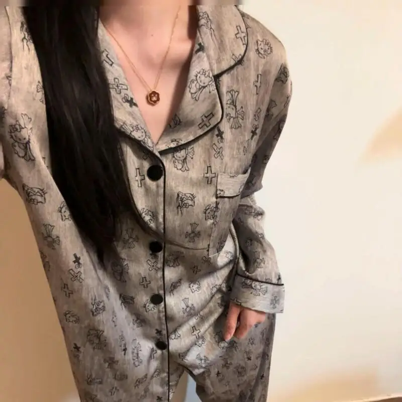 

Cartoon Sanrio Kit Cat Pajamas Set Satin Women Loungewear Kawaii Spring Autumn Long Sleeve Long Pants High End Wearable Outside