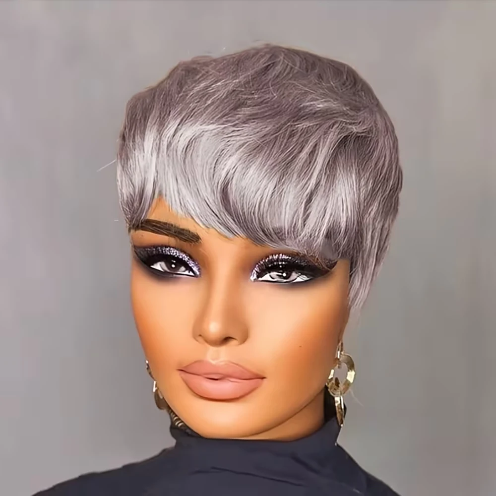

Серебристо-серые короткие прямые парики из натуральных волос Парик с стрижкой пикси с предварительно выщипанной челкой для женщин Многослойные бразильские волосы Машинное производство