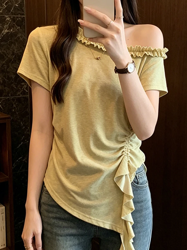 

plus Size Summer T-Shirt Sexy Korean Style Ruffle Collar Short Sleeve Women's Top Breathable Skin-Friendly Casual Wear