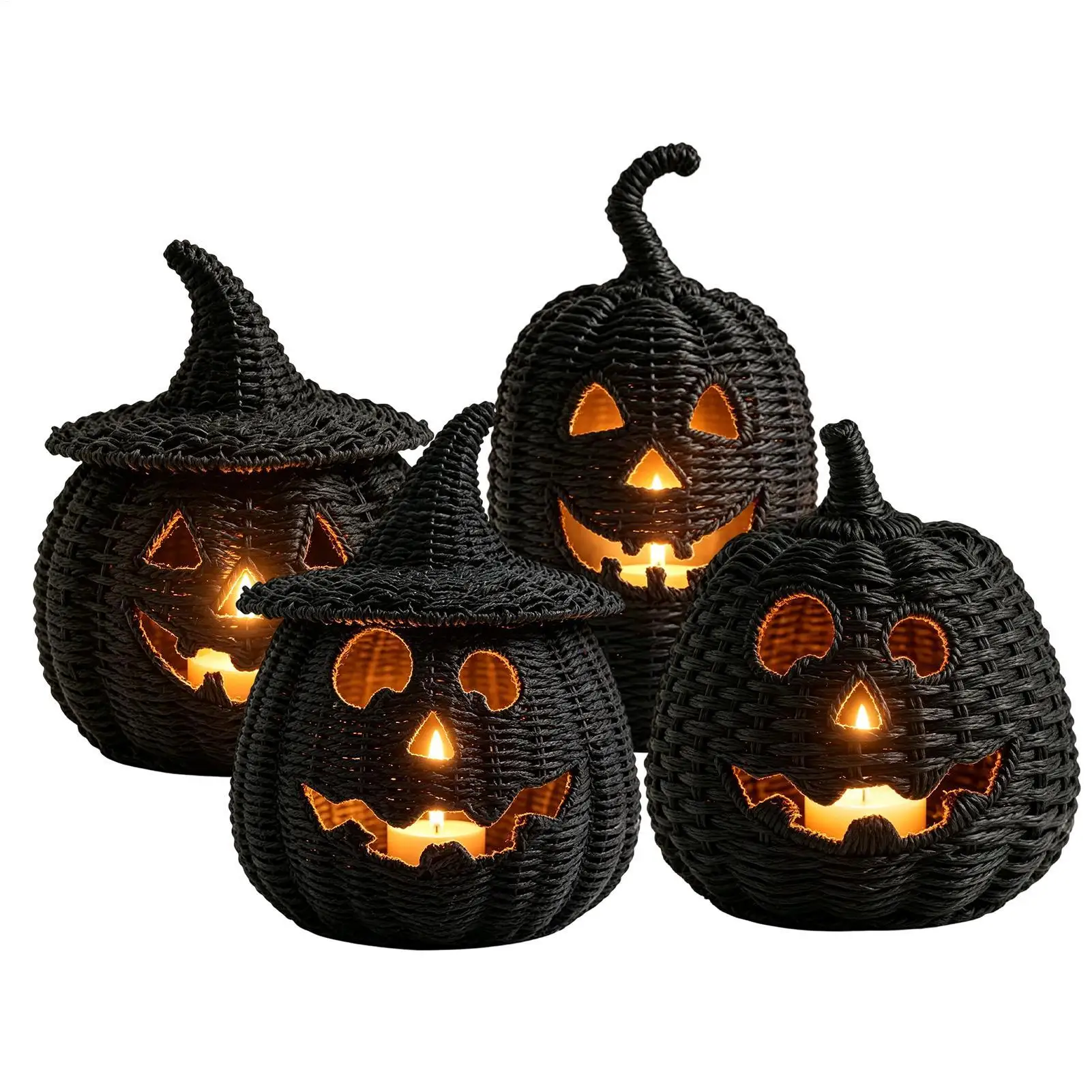 Halloween Pumpkin Lantern with Candle Resin Black Halloween Desk Decor Horror Table Pumpkin Light for Home Dining Table