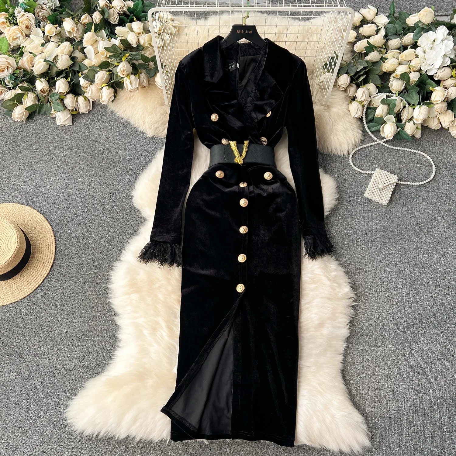 Elegant Long Sleeves Vintage Notched Collar Chic Metal Buckle Slim Sashes Velvet Long Dresses High Street Autumn Winter Clothing