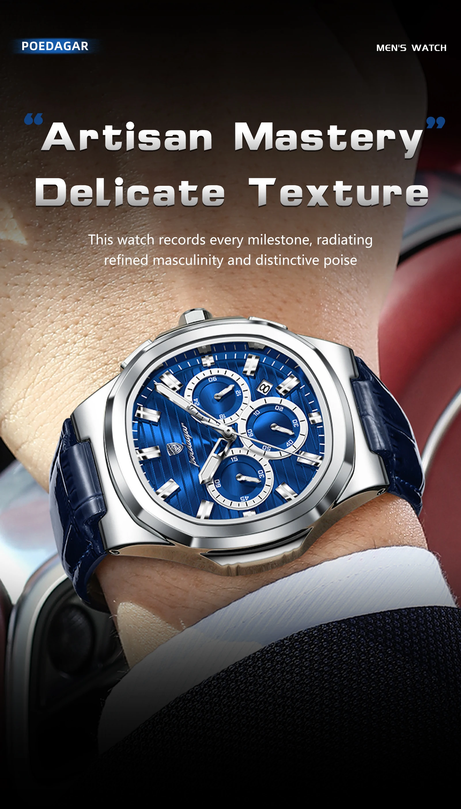 POEDAGAR Business-Herrenuhr Leder Wasserdicht Leuchtend Sport Herrenuhr Datum Chronograph Quarz Mode Herrenuhren Reloj – Detail 14