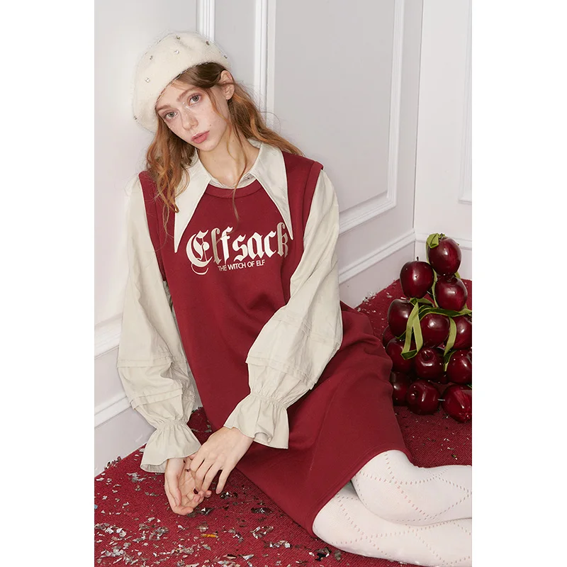 Elfsack camisa formal falsa de duas peças vestido de manga longa inverno feminino carta impressão puff manga vestido casual algodão roupas femininas