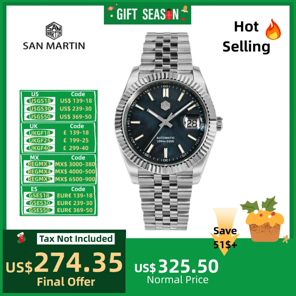 San Martin 40.5mm Men Business Watch Jubilee Retro Classic Automatic Mechanical Watches Sapphire Cyclops Swim 10Bar SN0058