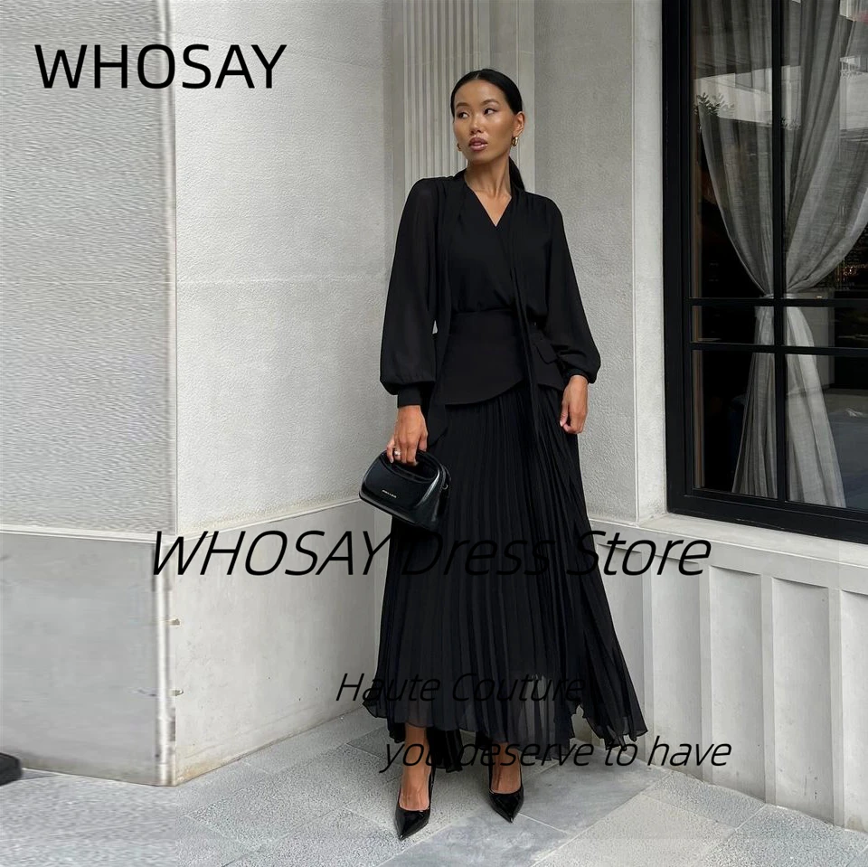 WHOSAY Office Lady Wear Two Pieces Black Dress Long Sleeves Evening Gowns Pleats Asymmetrical Vestidos Party Prom Dresses