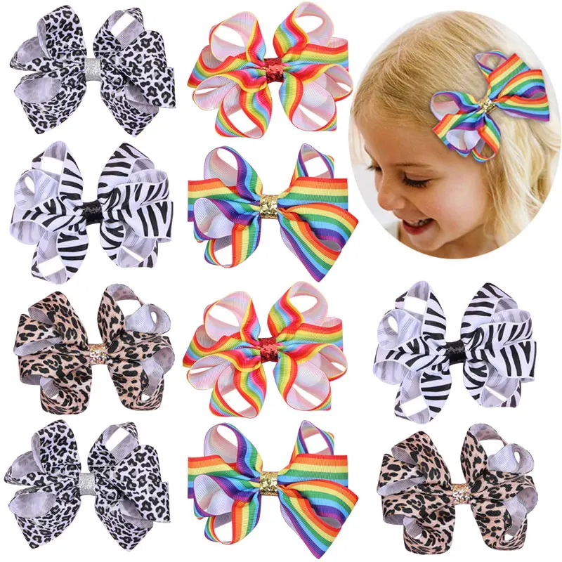 Fashion Ribbon Leopard Print Hairpins Barrettes Handmade Rainbow Hair Bow Clips For Girls Kids Hair Party Styling Accessories