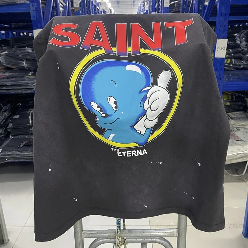 

25SS Saint Michael Washed Black Oversized T Shirts Men Women 1:1 High Quality Blue Angel Print T Shirts