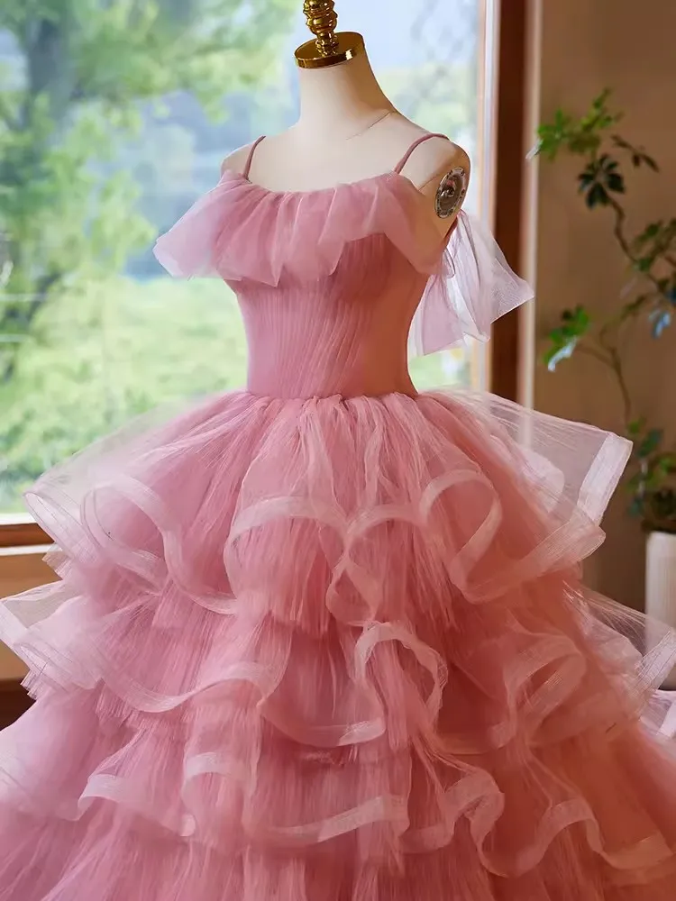 Vestido De princesa con hombros descubiertos para niña, traje De graduación, fruncido, falda escalonada, largo, quinceañera, fiesta De cumpleaños, 15