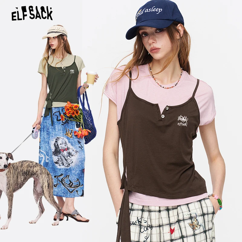 ELFSACK Women's Fake Two-Piece T-Shirt with Embroidered Cami Overlay, Tie Side Short Sleeve Top, Casual Slim Fit Tee for Streetw
