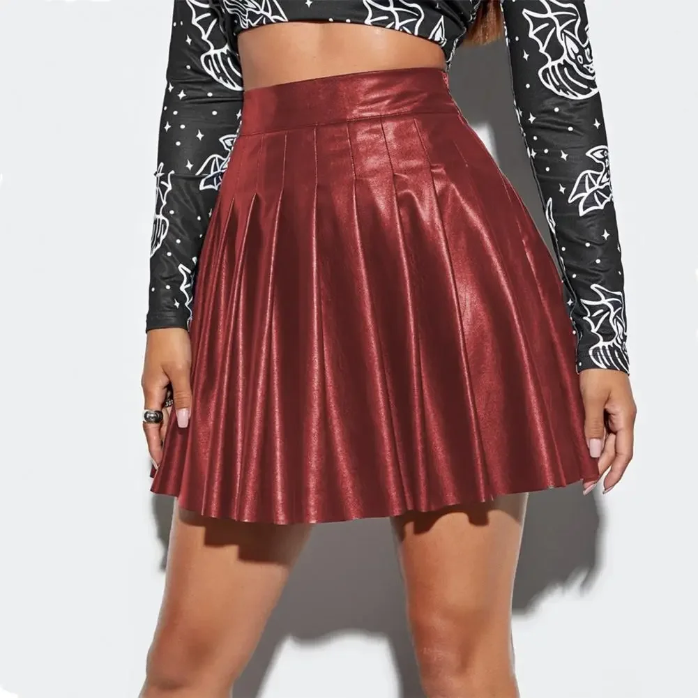 

Club Skirt Soft Skirt Stylish Women's Faux Leather Pleated Skirt High Waist A-line Design Loose Hem for Clubwear Parties Dance