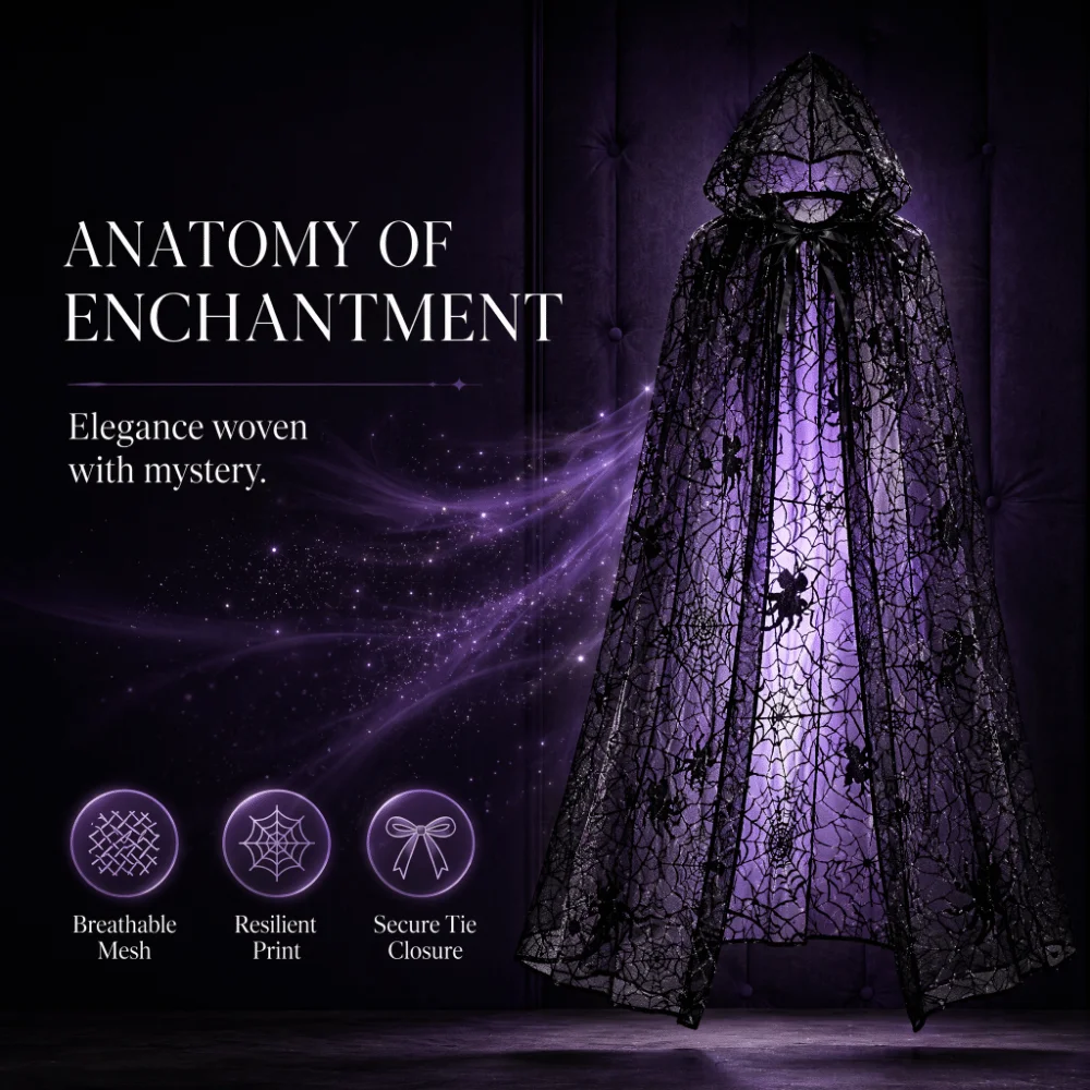 Witch Cosplay Lightweight Halloween Hooded Cape Black Bat Spider Web Mesh Cardigan Creative Semi-transparent Long Cloak Costume