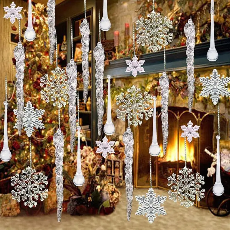 Clear Icicles For Christmas Tree Acrylic Christmas Icicle Ornaments 27/40pcs Clear Lifelike Snowflake Fake Icicle Tree Decor ﻿