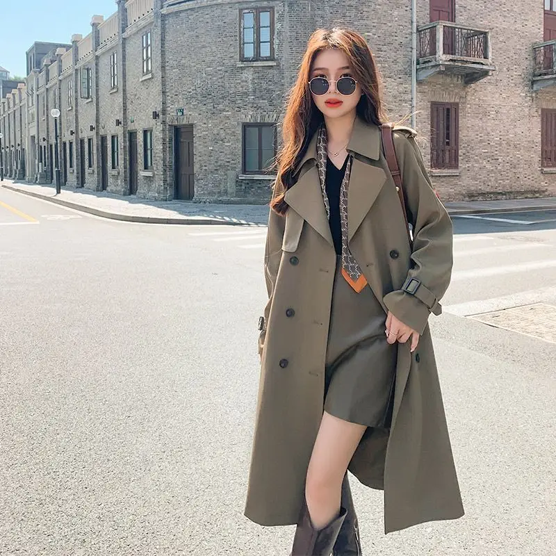 Spring Autumn Solid Color Turn-down Collar Long Sleeve Fashion Windbreaker Women High Street Button Pockets Patchwork Outwear