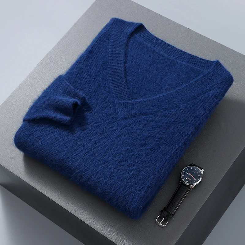 2023 autunno/inverno nuovi uomini 100% visone Cashmere maglione solido scollo a v Pullover confortevole maglione caldo addensato edizione coreana