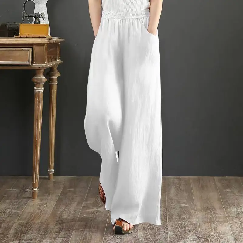 new Casual Cotton Linen Wide Leg Pants Women Loose Comfort Elastic Waist Harem Pants Vintage Solid Summer Cropped Pants Trousers