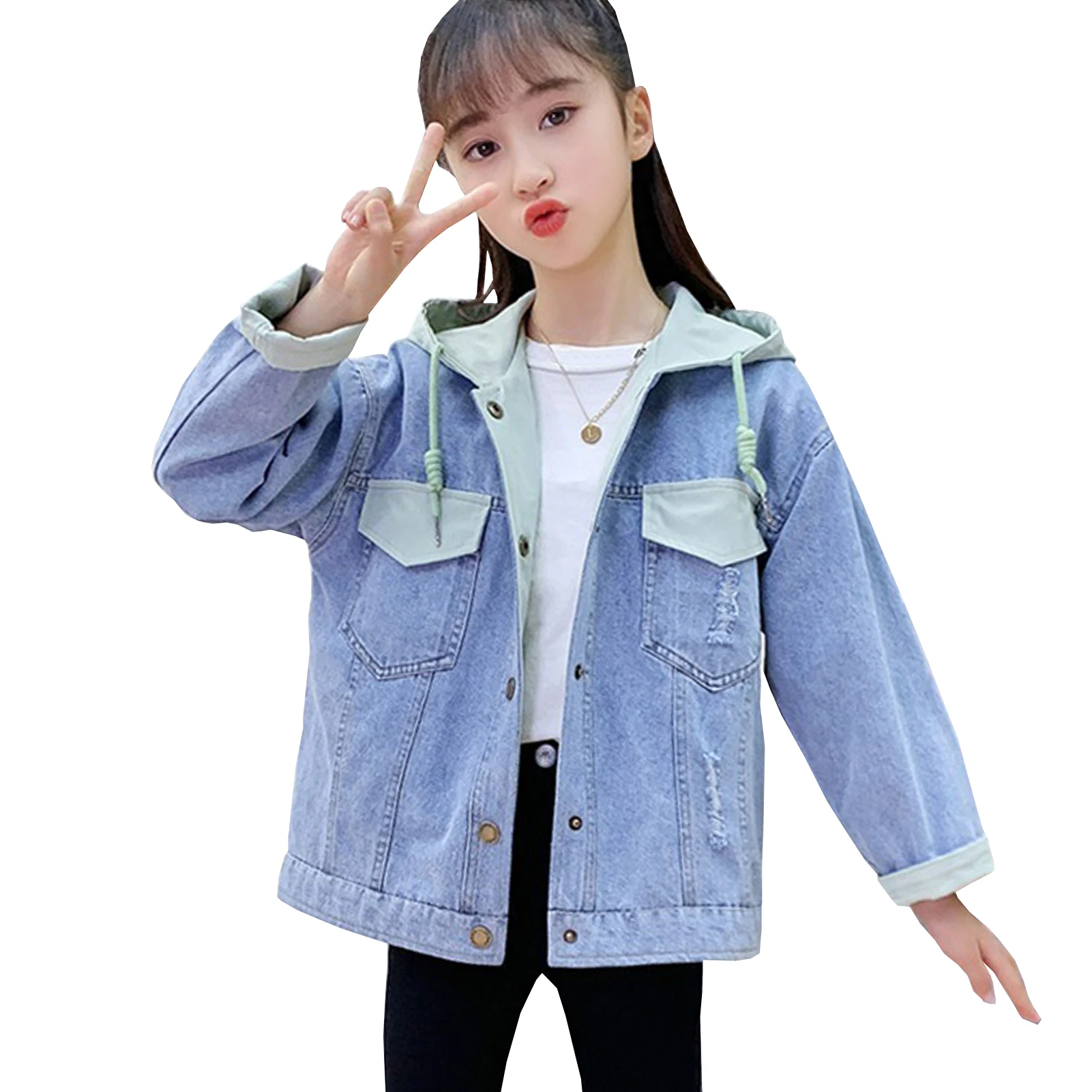 

Girls Denim Coat with Hood Letter Print Both-Side Children's Spring Autumn Trench Coat Windproof Kids Casual Cowboy Jacket