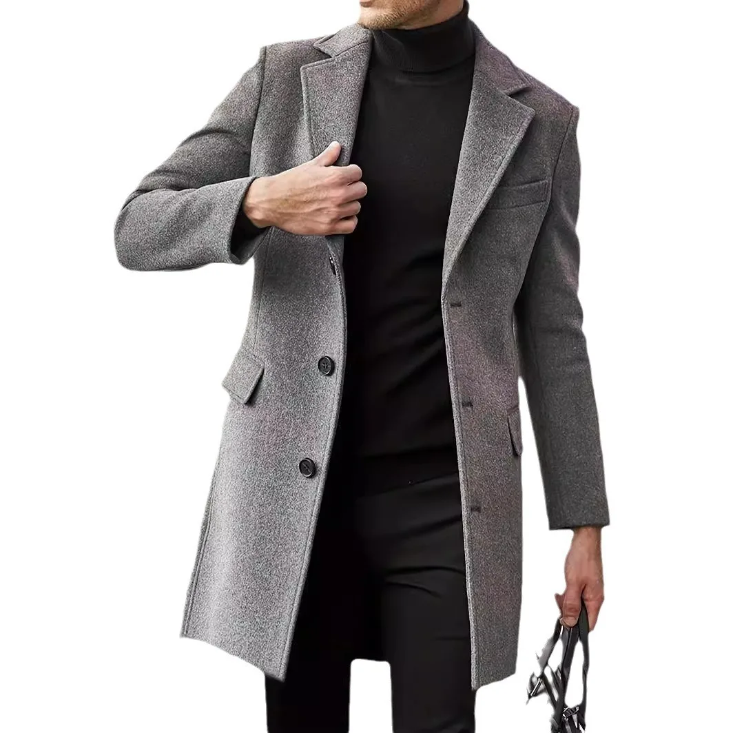 

Solid Color Long Outwear Winter Men Wool Overcoat Lapel Long Sleeve Jacket Male Single Breasted Mid-length Suit Coat Outwear
