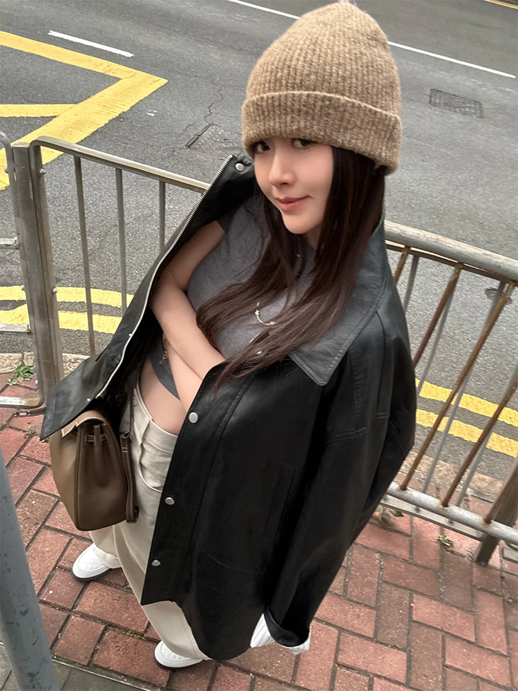 เสื้อแจ็คเก็ตหนัง PU ลายทางแนวตั้ง สไตล์เรโทร รุ่นสบายๆ เท่ๆ สไตล์ไบค์เกอร์ สำหรับผู้หญิง