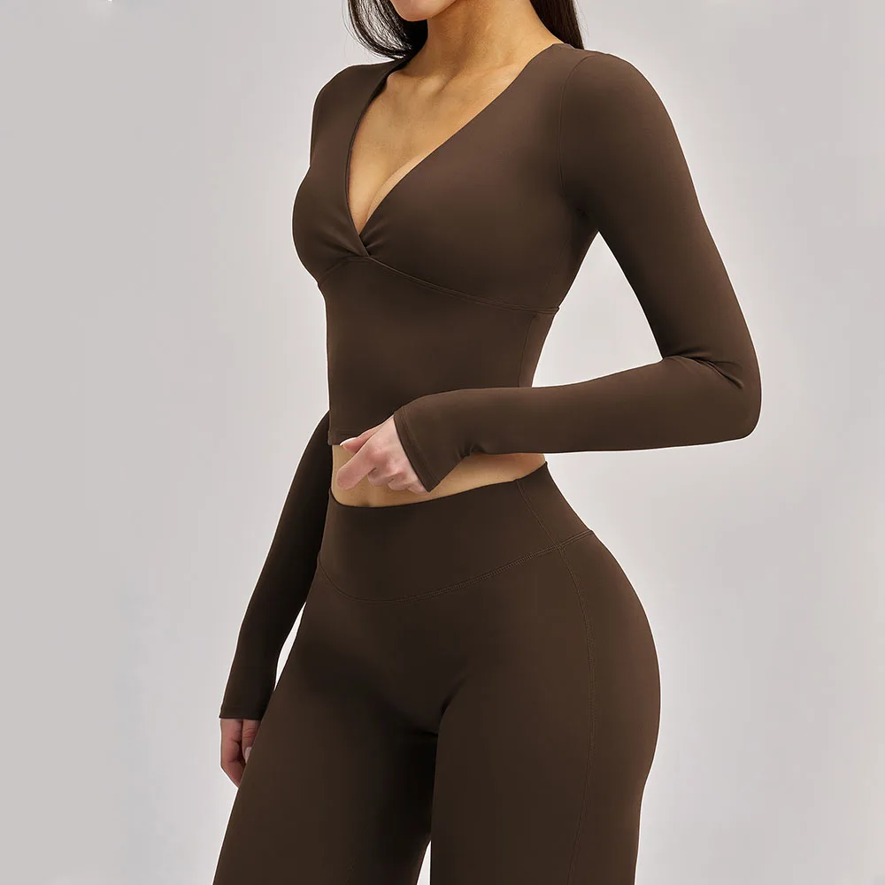 

Женская футболка для йоги с глубоким V-образным вырезом и длинным рукавом, спортивные топы для тренировок в зале, дышащие футболки для фитнеса и йоги, женские топы для бега с эффектом пуш-ап