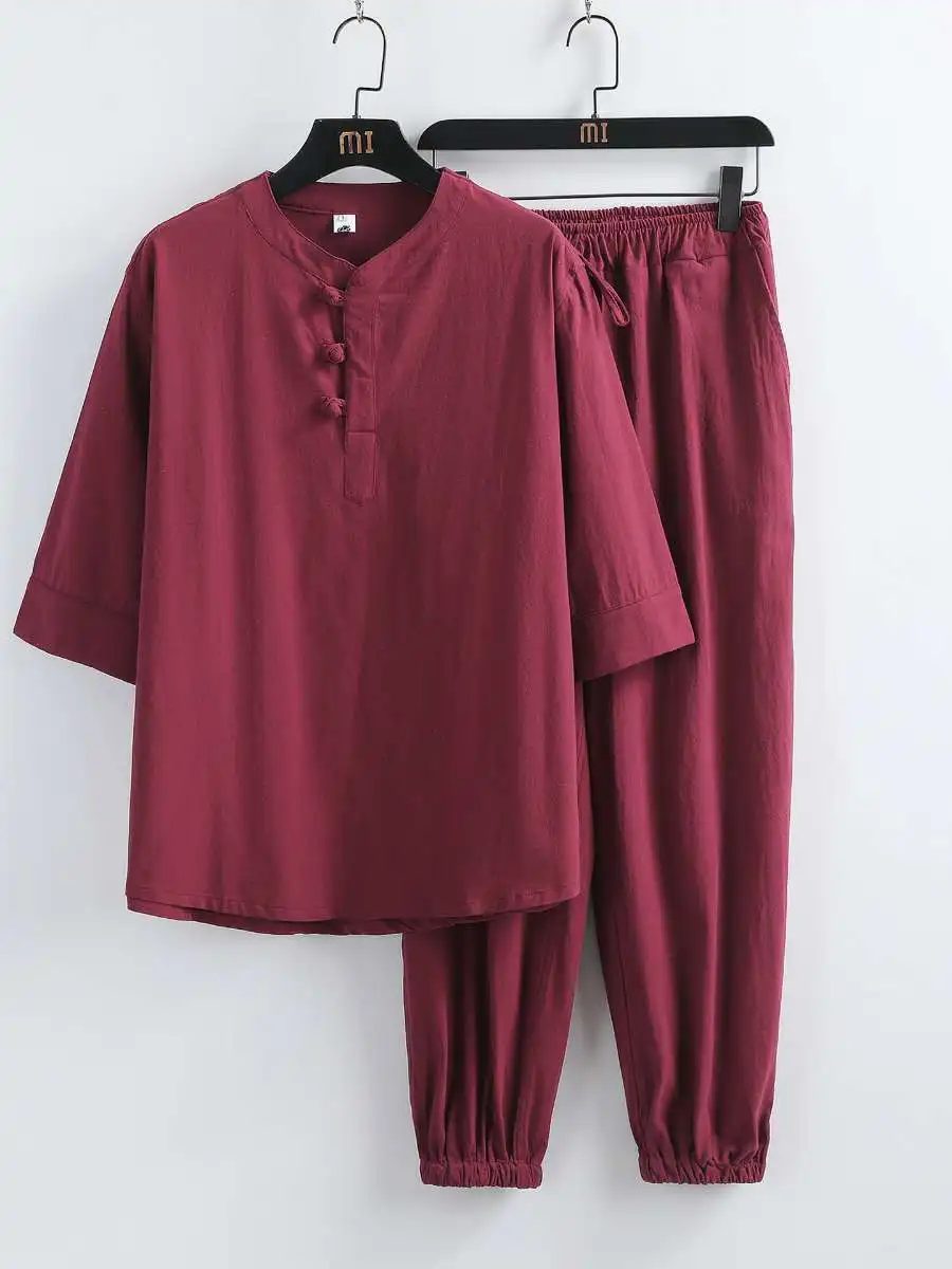 

Cotton Linen Summer Men's Casual Set New Sle T-irt Long Pants Two-Piece Set Comfortable Breathable Lightweight Clothing