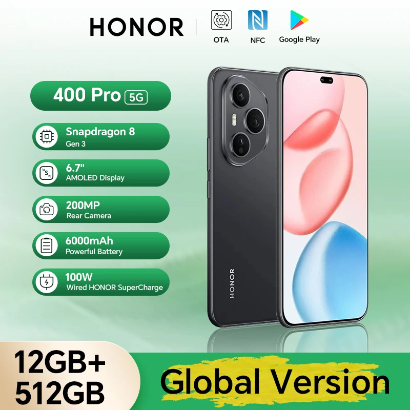 HONOR 400 Pro 5G Global Version 12GB+512GB Smartphone 200MP AI Main Camera 6.7'' AMOLED Screen 6000 mAh 100W Wired 50W Wireless
