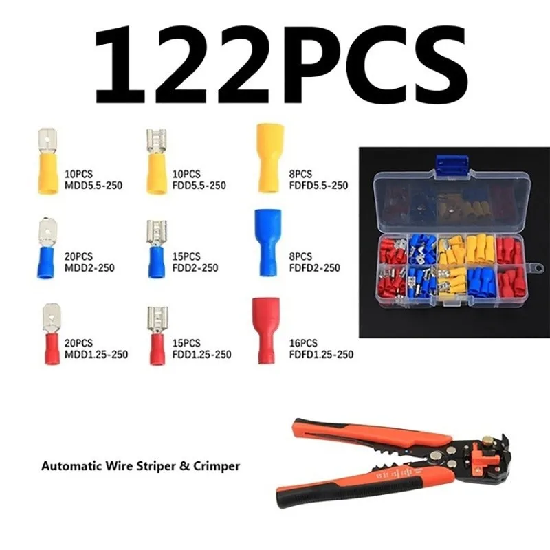 122PCS FDD/MDD Fully Insulated 6.3mm Male Female Spade Wire Terminals Assortment Kit with Wire Stripper