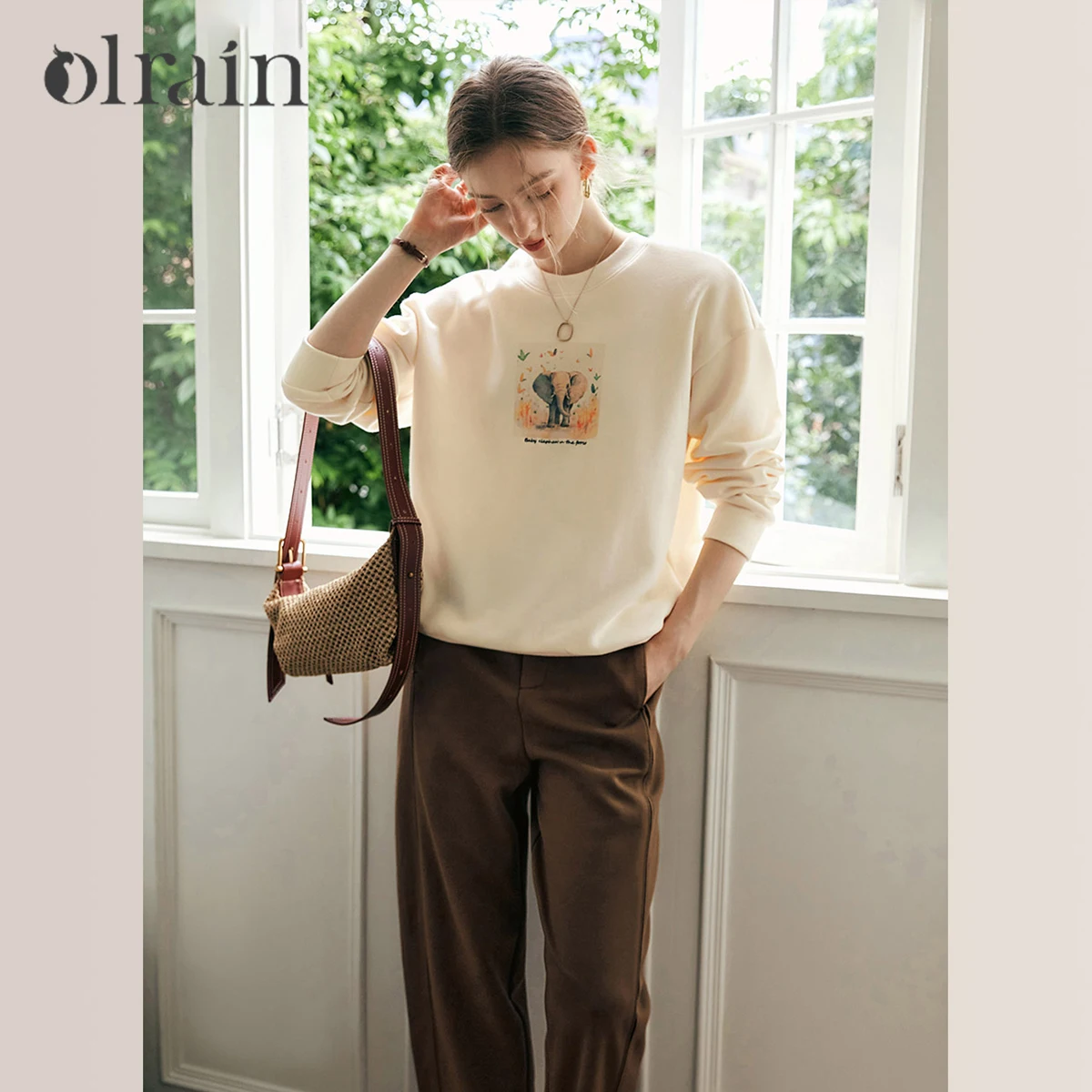 OLrain Woman Graphic Printed Sweatshirts 2026 Spring Autumn Korean Casual Stretchy Pique Knitted Pullover Top Woman M56QR93126