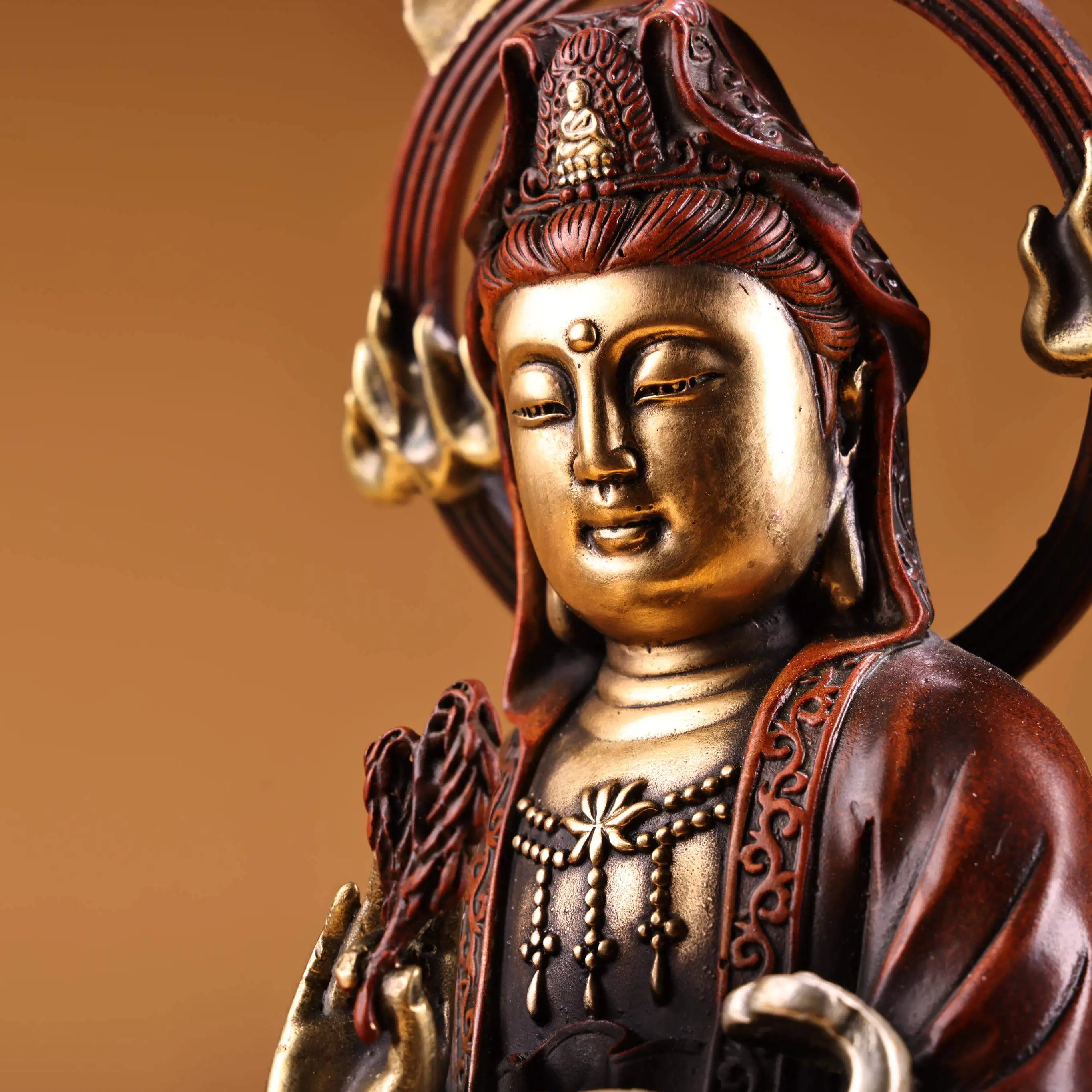 Antique Bronze Gold Silver Gilt Ruyi Guanyin Bodhisattva Statue Serene Face Fine Craft Heavy Patina