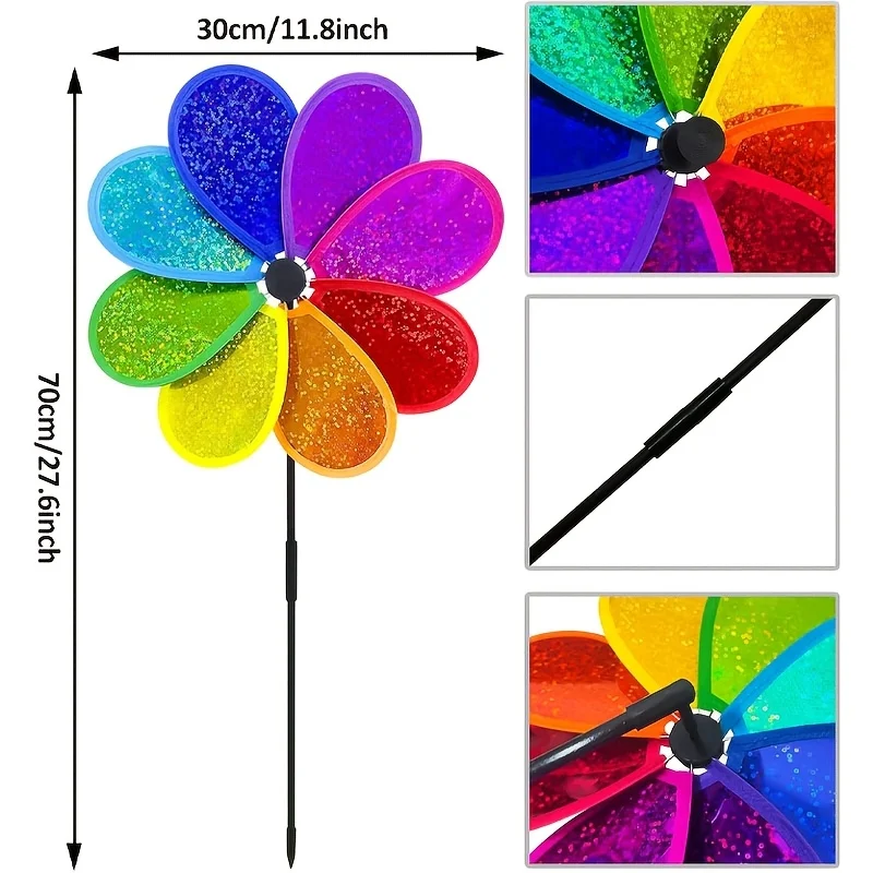 4 PCS 11.8-inch Vivid Rainbow Windmill | Shiny Lawn Windmill with Black Stem, Perfect for Gardens, Parties