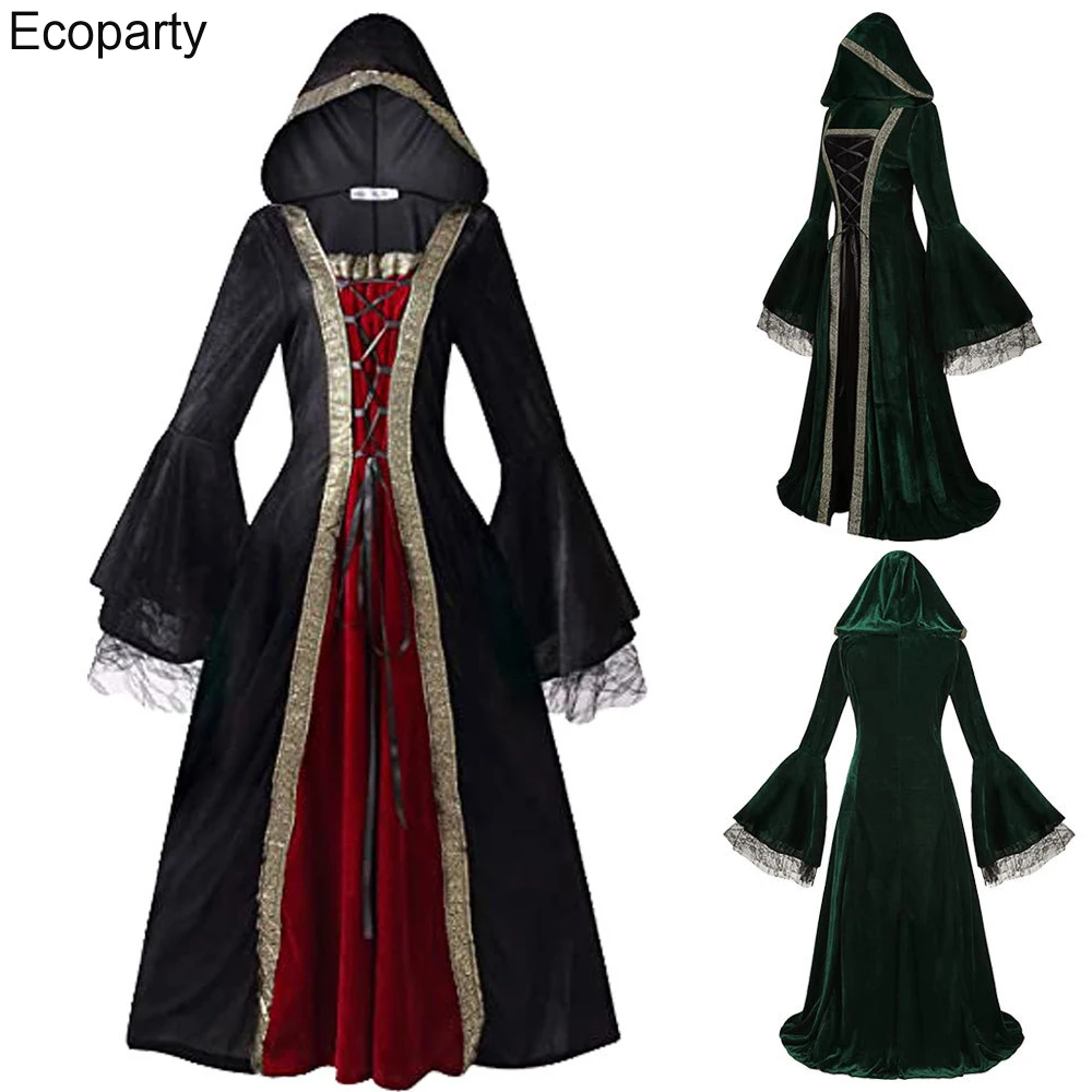 

Medieval Renaissance Noble Hooded Dress Cosplay Costume Gothic Victoria Flared Sleeve Floor Length Robe Halloween Carnival Suit