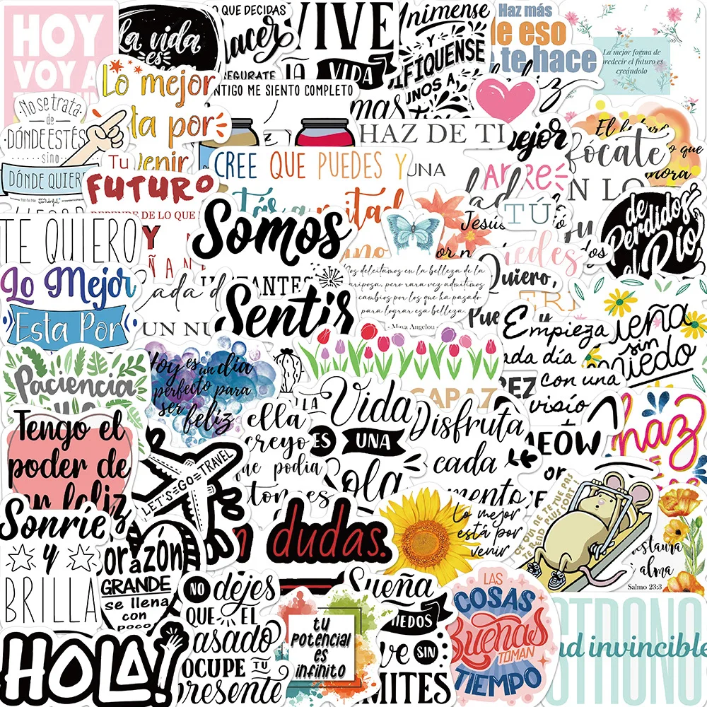 

50PCS Spanish Motivational Stickers - Inspirational Doodle Decals for Luggage & Guitar, Waterproof DIY Vinyl Art​​