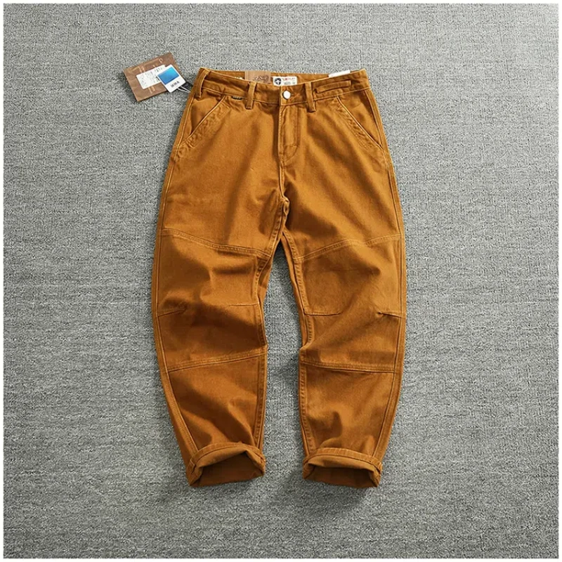 Retro heavy simple cargo pants men's loose straight leg casual pants pure cotton twill woven 3D vertical cut cone pants