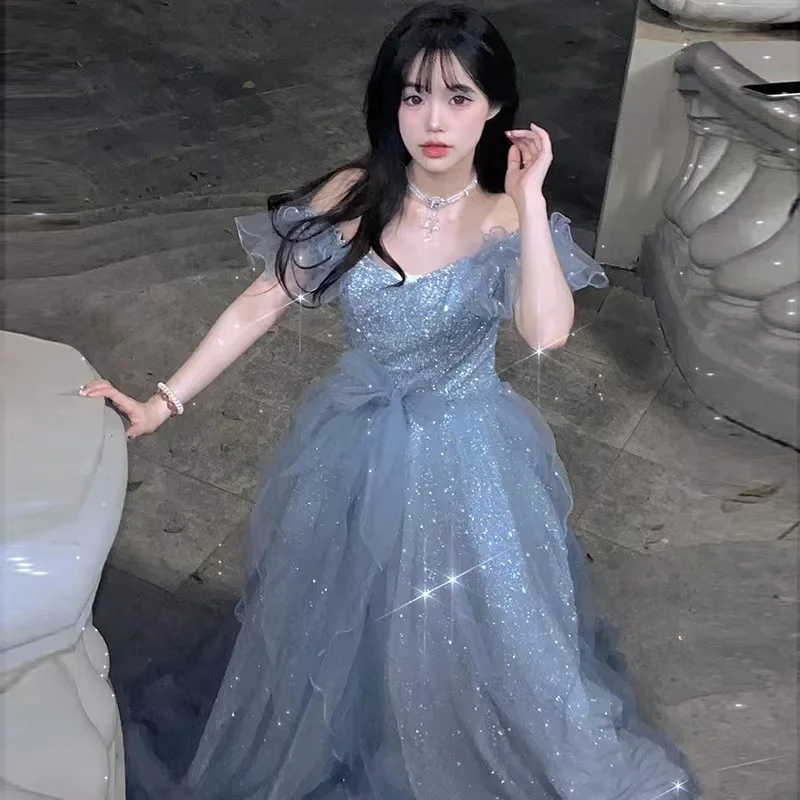 

New Off The Shoulder Blue Evening Dress Fashion Girl 18 Year Old Adult Dress French Princess Sparkling Sequin Style Long Dress