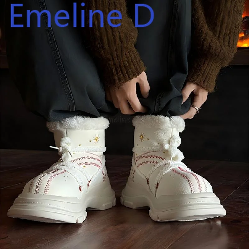 Big Head Couple Snow Boots High Top Thick Bottom Velvet Strap Cotton Boots Round Head Middle Heel Sleeve Casual Short Boots