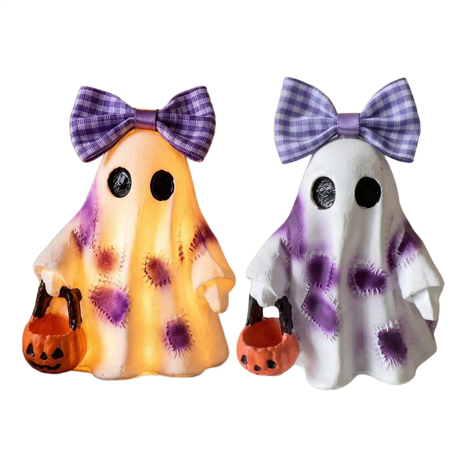 Light Up Retro Patchworks Ghost Figurines Halloween Ghost Statues Country Autumn Ghost Pumpkin Statues With Striped Bow Tie