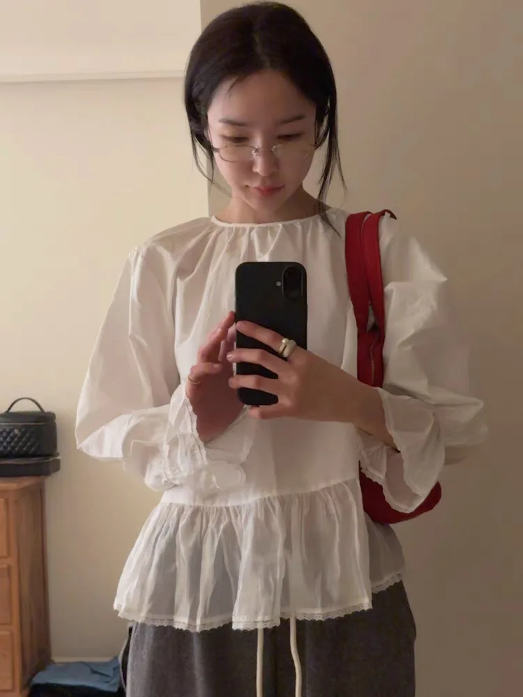 

Chic Women's Button-Up irt with Flared Sves And Hem Early Spring Design Korean Sle Loose Fit Long Sve round Ne