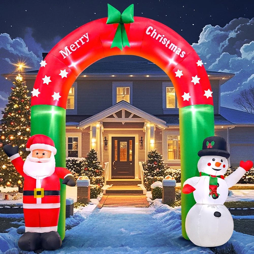 6/8FT Christmas Inflatable Santa Snowman Arch Blow up Garden Decoration with LED Lights for Christmas Xmas Outdoor Lawn Decor