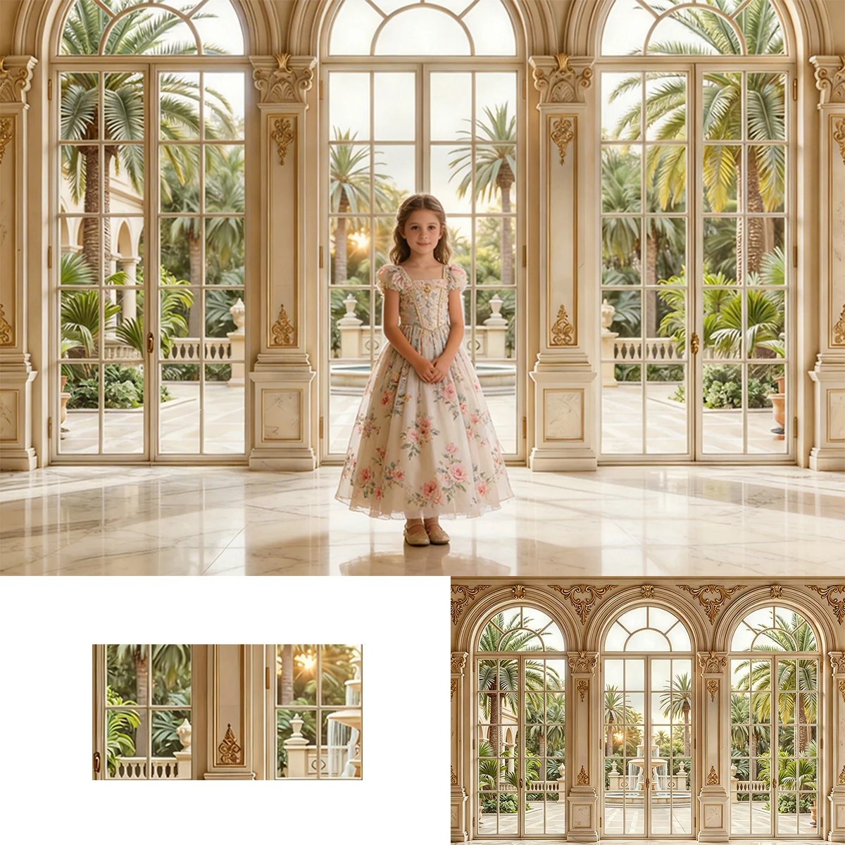 Luxury European Palace Arch Backdrop with Tropical Garden View for High End Apparel and Home Goods Adult Photography Backgrounds