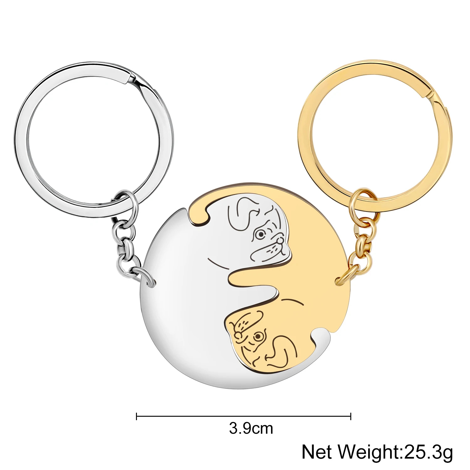 Bonsny Stainless Steel 2PCS Gold Silver-plated Cute Pug Dog Keychains Animals Pet Bag Charm Key Chains Lovers Keyring Decoration