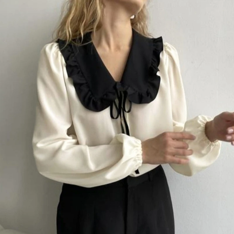 

Tsiisd Women's Contrast Satin Shirt Top Ruffle Lace-Up Elegant Luxury Commuting Office Lady Fashion Blouse Female 2026 T-Shirts
