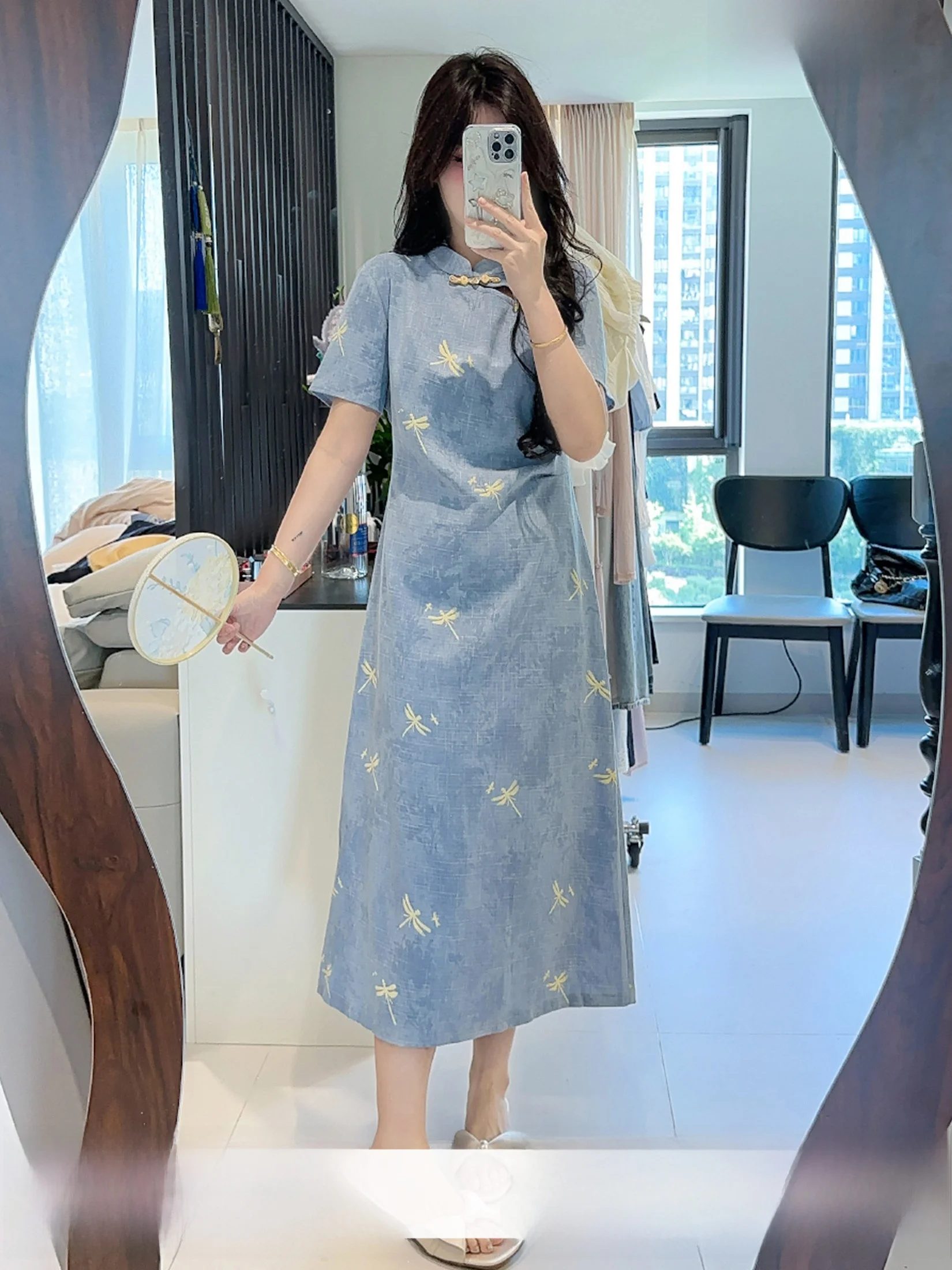 

Платье Li Xiaosha Tangli Weiyu с принтом, с коротким рукавом, воротником-стойкой, женское летнее свободное платье миди в китайском стиле