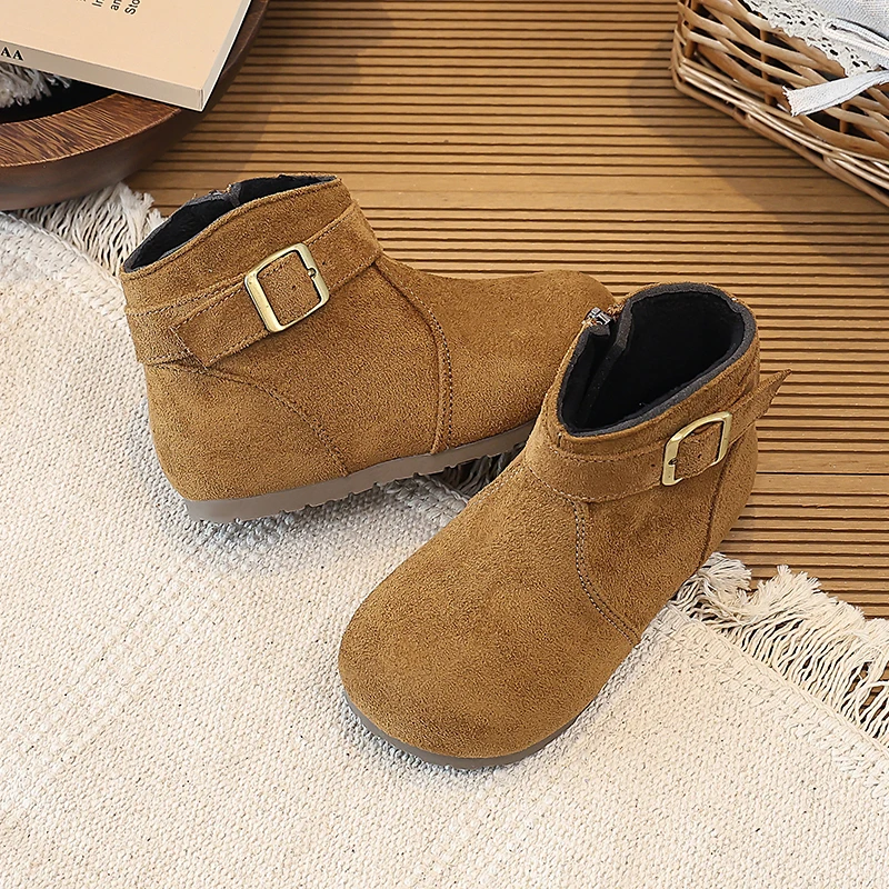 Little Girls Plush Lining Leather Boots 2026 New Winter Kids Fuzzy Ankle Boots Non-slip Simple Classic Retro Style School Party