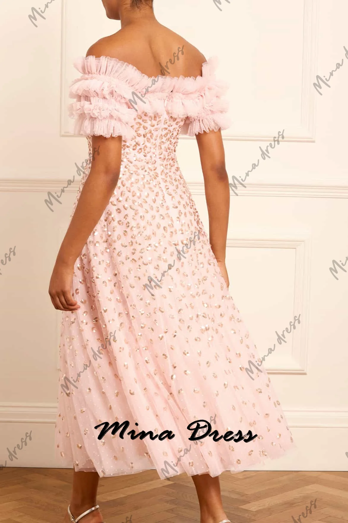 Mina personalizzato Paillettes Abiti da sera Donna Elegante Party 2024 Grace Abito formale Chiffon Off-the-spalla Maniche corte Prom