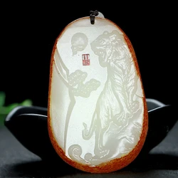 Natural Red Skin White Jade Hand Carved Zodiac Tiger Pendant Fashion Boutique Jewelry Men's and Women's Necklace Gift