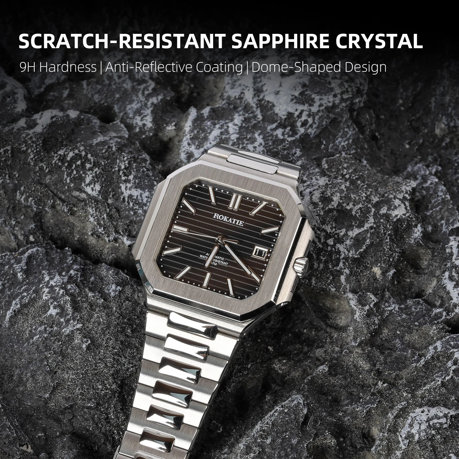 ROKATIE 機械式時計薄型タイプ超発光ステンレス鋼 316L 9015 ムーブメント自動時計 5ATM ビジネスメンズ腕時計