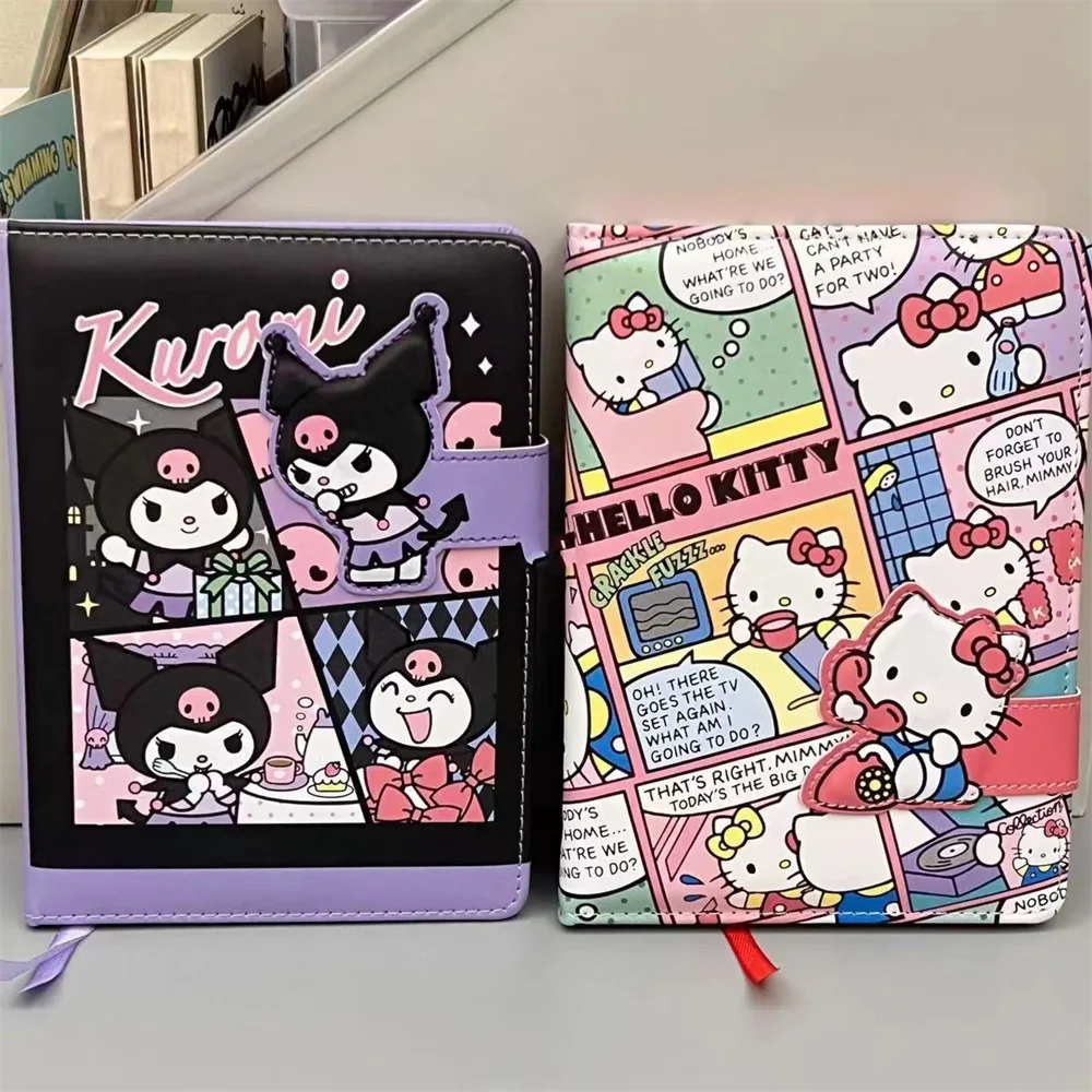 Kawaii Cartoon Hello Kitty Magnetic Buckle Notebook Cute Kuromi Cinnamoroll Diary Handbooks Stationery Kids Girls Birthday Gifts