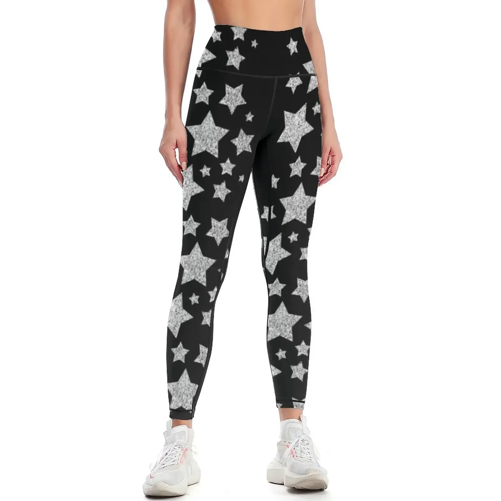 

Silver faux glitter sparkles Stars pattern Leggings Women's tights harem pants sports for gym Womens Leggings